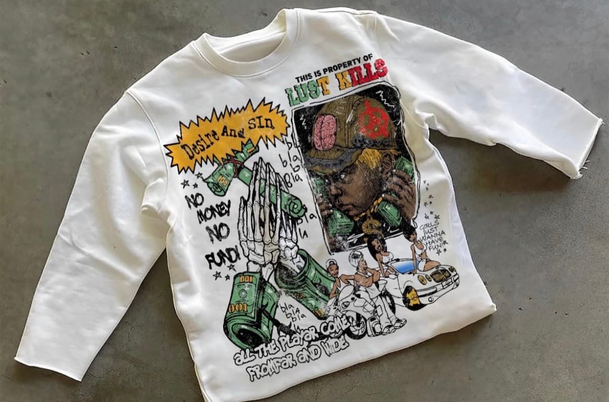Bone Desire Pays graphic long-sleeve shirt laid flat