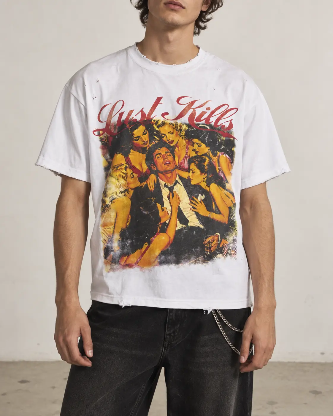 Model wearing the white Fatal Attraction graphic tee