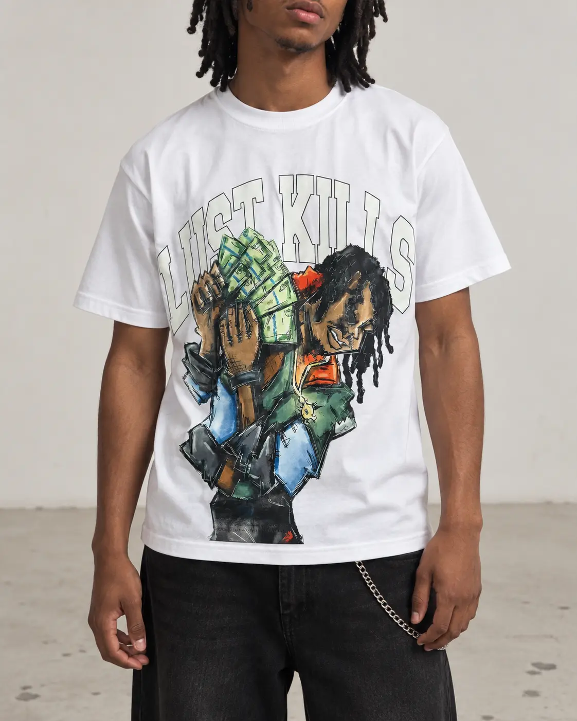 Model wearing the white Money Calling graphic tee